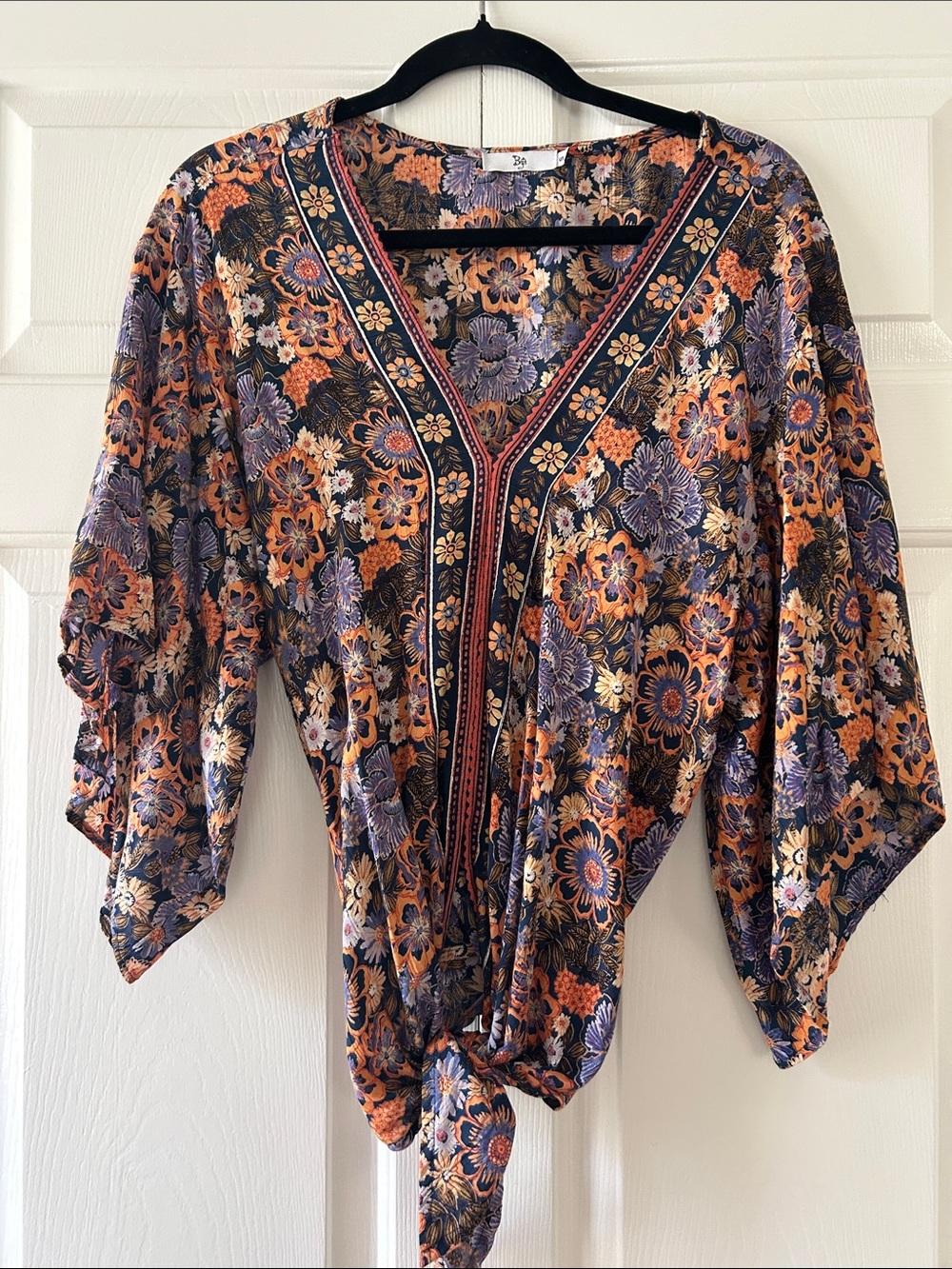 Tie-Front Floral V-Neck Blouse in Purple & Orange